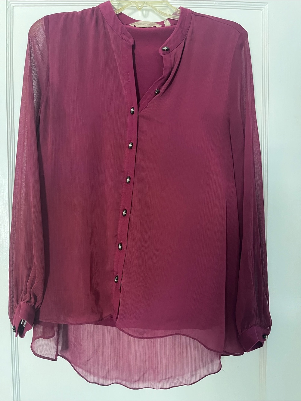 Soft Surroundings Sheer Long Sleeve Button Front Blouse - Wine
